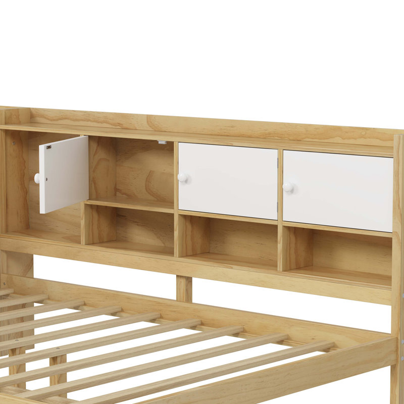 Wooden L-Shape Daybed with Seven Storage Cabinets and Two Storage Drawers, Multi-functional Bed with Study Desk and Built-in Bookshelf