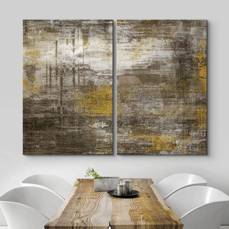«Yellow Black Grunge Stroke Landscape», reproduction sur toile 2 pièces, H 16 po x l 24 po x P 2 po, Toile tendue