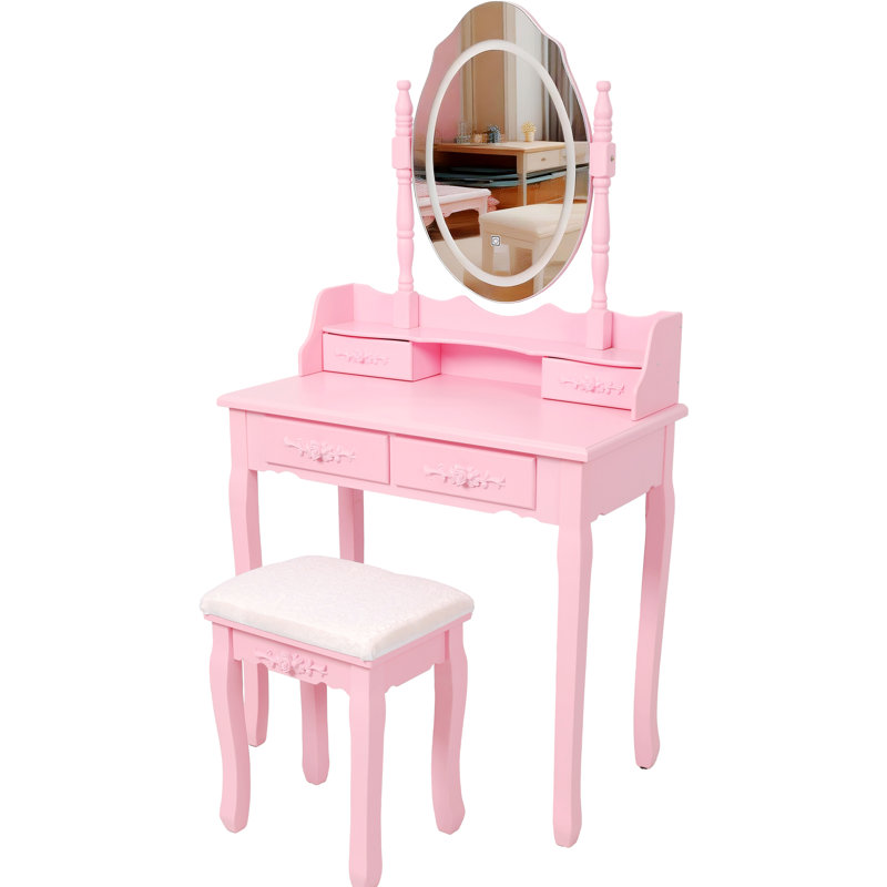 Meuble-lavabo rose avec miroir, 4 tiroirs, tabouret rembourré, DEL, espace de rangement spacieux, fabrication, repose-pieds antidérapants, tiroir de maquillage, surface confortable, décoration élégante pour la chambre à coucher, facile à installer