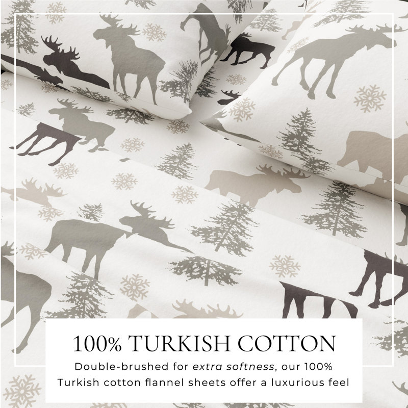 100% Turkish Cotton Winter Flannel Sheet Set, Moose, Twin with 1 Pillowcase