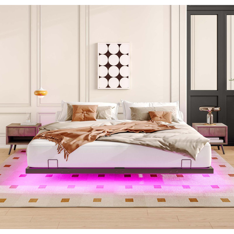 Très grande base de lit flottante avec lumières DEL, lit plateforme en métal, solide et stable, sans bruit, aucun sommier requis, assemblage facile