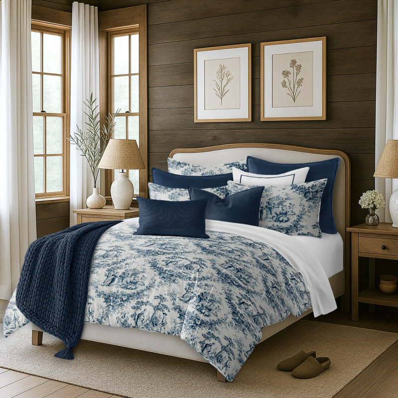 Provence Navy/White Standard Cotton Duvet Cover Set, Queen Duvet Cover + 2 Shams