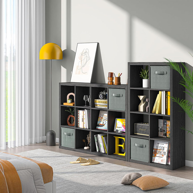 Bookshelf with Storage Bins, 9-Cube Storage Organizer Wooden Bookcase Open Book Shelf, Black