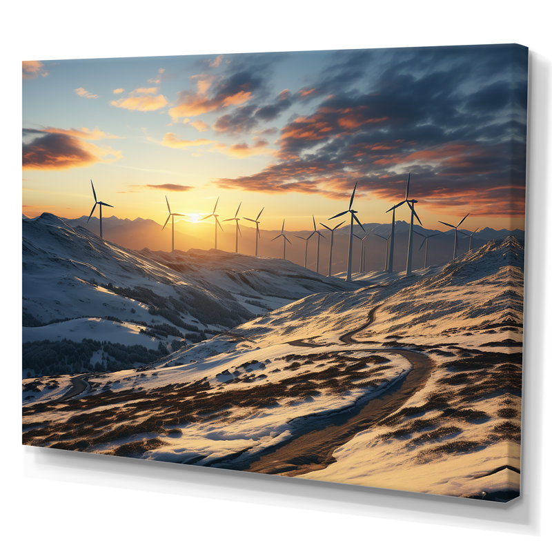 «Sunset Wind Turbines Mountain View III - Wind Turbines», art mural, Toile tendue, H 24 po x l 32 po x P 1 po