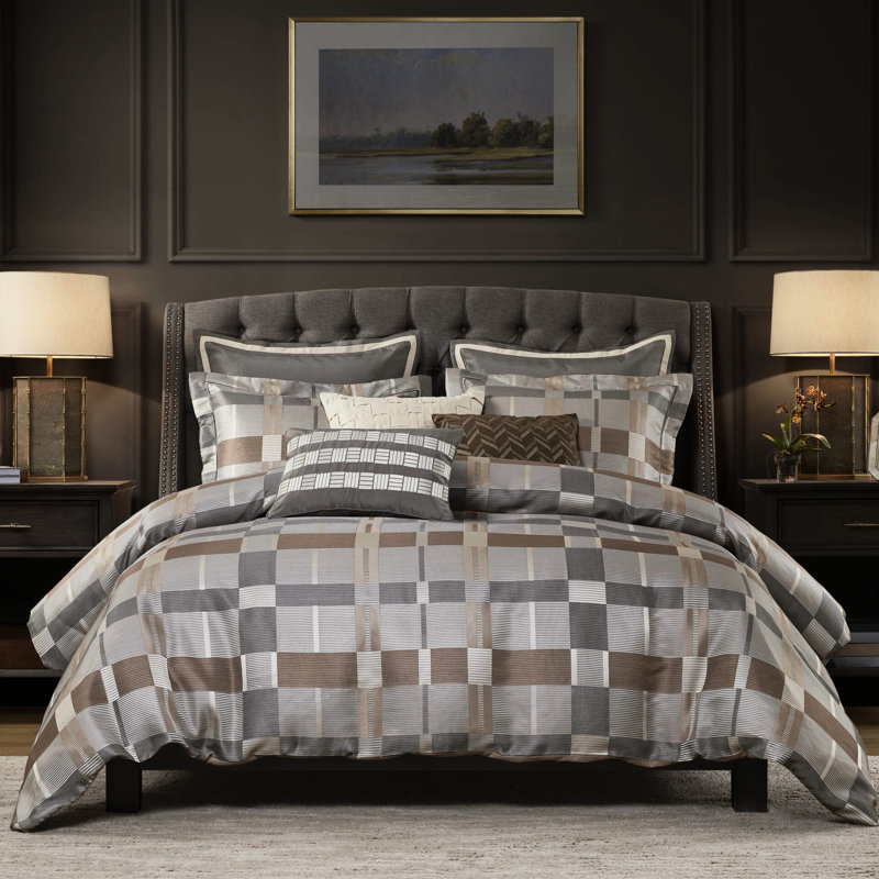 Édredon grand 8 pièces taupe avec multicolore, élégance transitionnelle, motif en damier, confort tout au long de l'année et tissus doux au design élégant et confortable