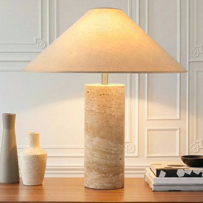 Runo 14 po Lampe de table moderne à DEL avec abat-jour tambour en tissu, base en pierre de travertin naturel