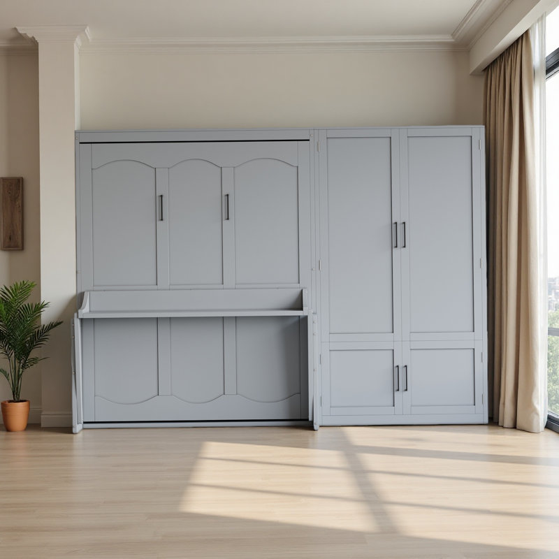 Grand lit escamotable mural avec placard, Gris