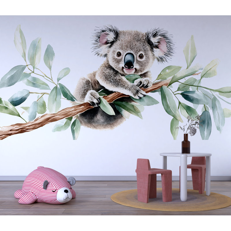 Adhésif décoratif pépinière de koala - Koala aquarelle sur une branche d'eucalyptus, art mural de chambre de bébé 048Mv
