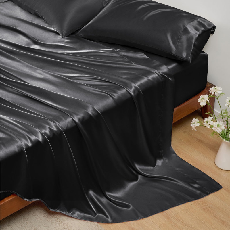 Bedsure Black Satin Sheet Set Queen Size - 4 Piece Silky Bedsheets with Elastic Straps & 15" Pocket (Queen, Black), Queen