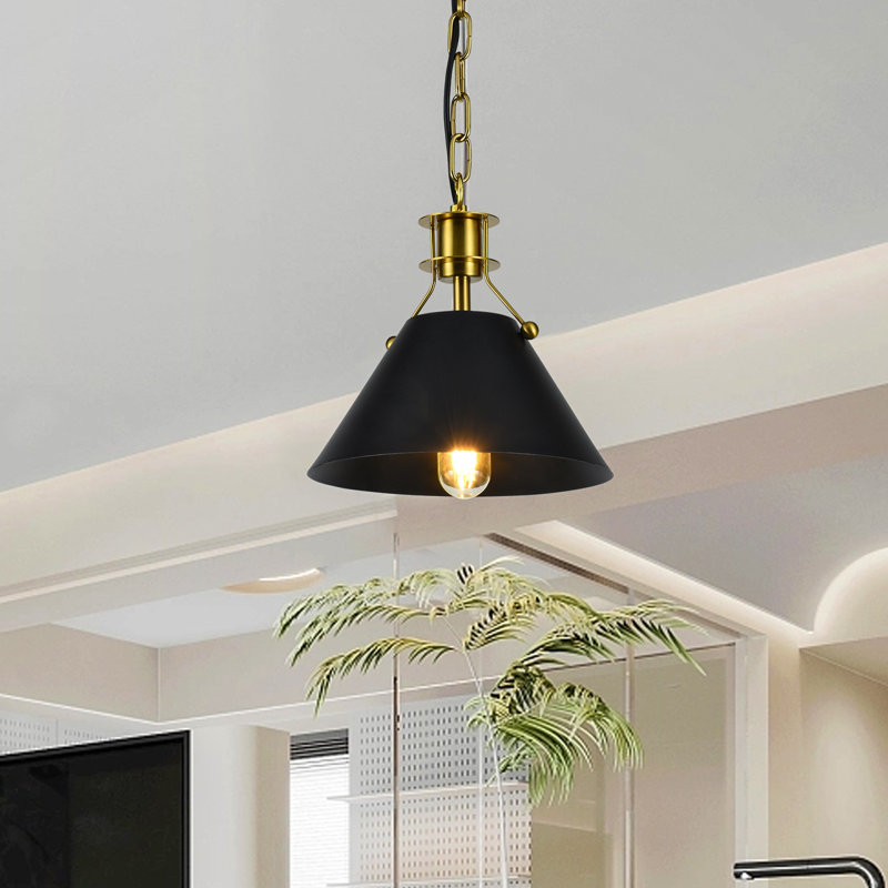 Luminaire suspendu conique à 1 lumière avec accents en fer forgé, Noir