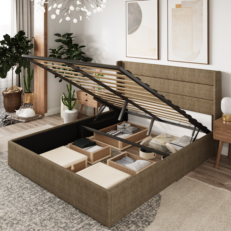 Braya Hydraulic Lift Up Storage Upholstered Platform Bed, Full, Brown Chenille