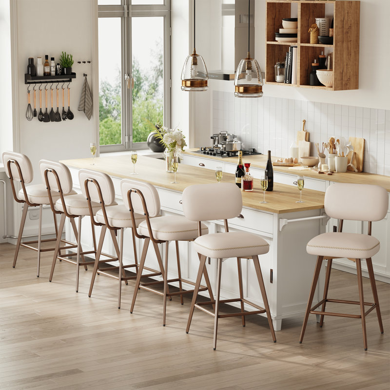 Modern Swivel Upholstered Counter Stools with Metal Frame, Beige