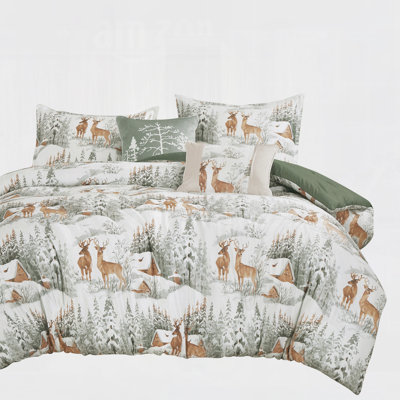 5Piece Velvet Comforter Set Rustic Forest Deer Print Bedding Sets
