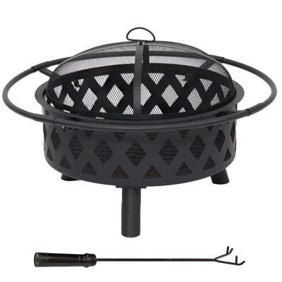 Jahidul Crossweave Round Wood-Burning Steel Outdoor Fire Pit with Screen