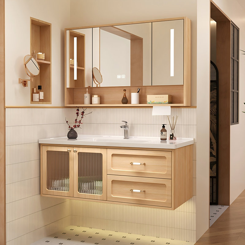 Meuble-lavabo mural en bois d'hévéa massif, de style bois naturel, avec lavabo en céramique intégré et armoire à miroir intelligent