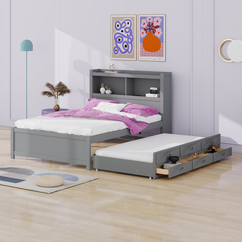 Lit plateforme avec lit gigogne, tiroirs et prises USB, Gris