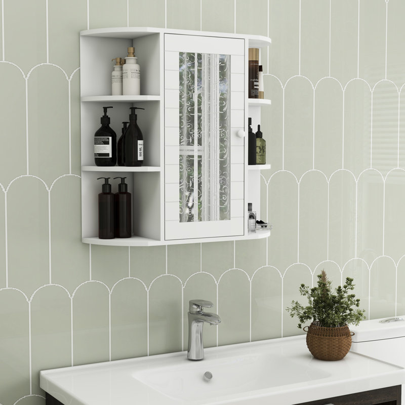 White Wall Cabinet For Bathroom - 6 Open Shelves, 3 Adjustable, Spacious Storage Painted With Shelves Open, Mirror Door
