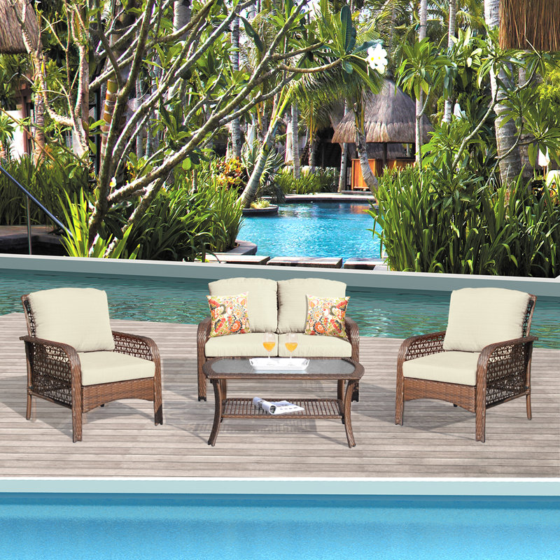 Nicasio 4 - Person Patio Conversation Set with Cushions, Brown, Light Beige