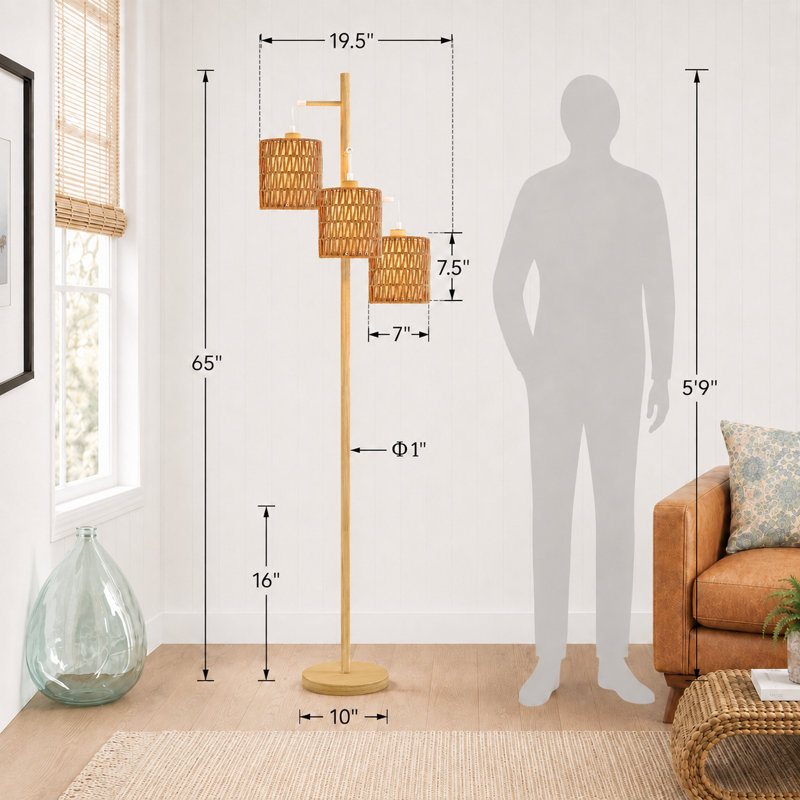 Lampe sur pied à arbres 3 lumières H 65 "avec abat-jour en rotin tissé Coleford, Rattan, Natural Wood
