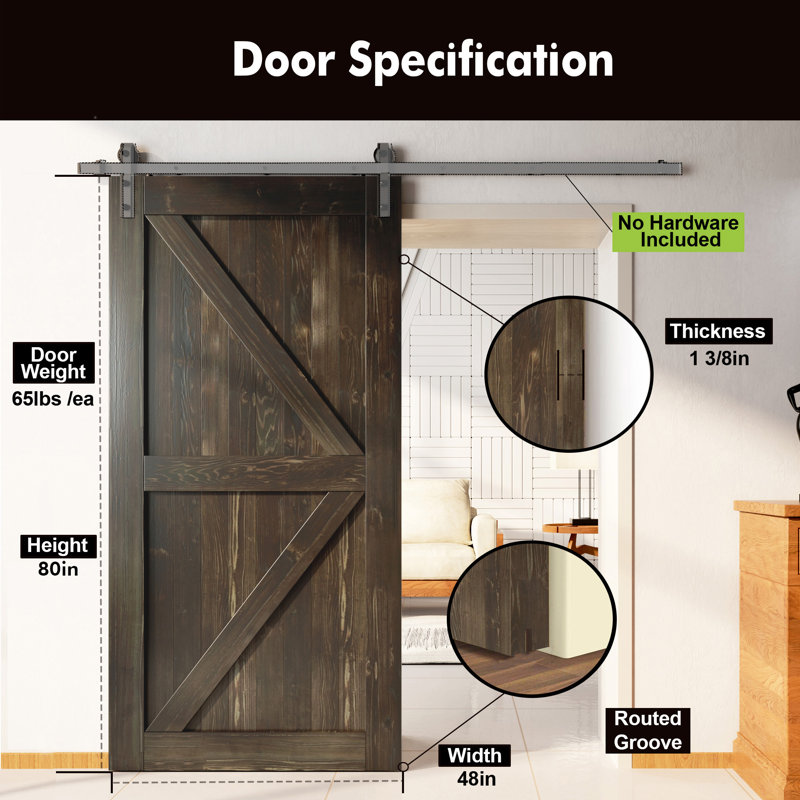 Porte en bois de pin massif 5-en-1 de conception unique non assemblée seulement, Ébène, 48 po x 80 po