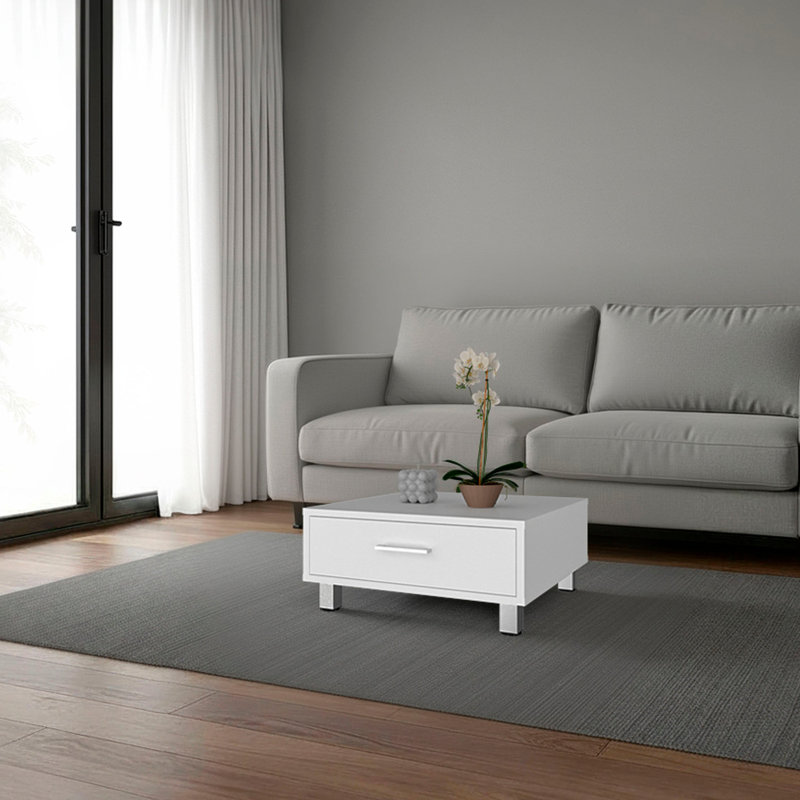 Ariel Storage Coffee Table with Drawer and Modern Design, White