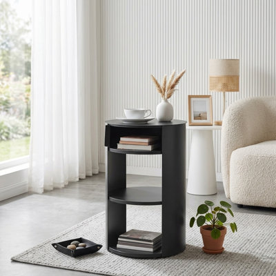 FFZ 25" Modern Round Freestanding Side Table with 3 Tiers Sliding Door Cabinet Iron Frame