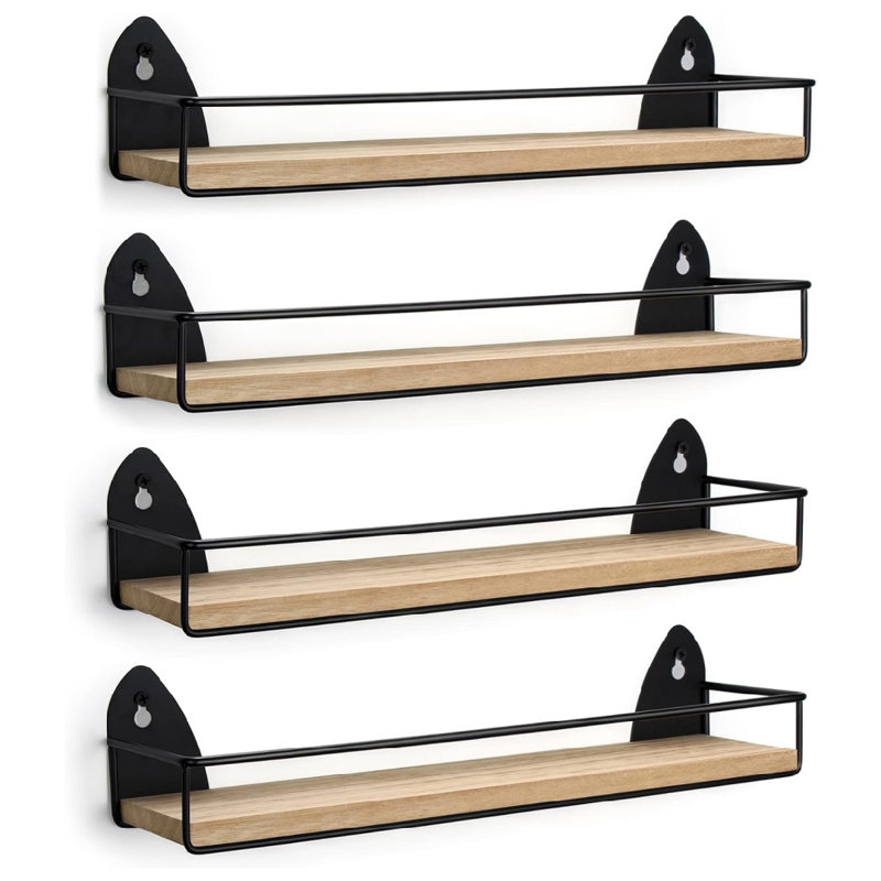 Ensemble de 4 étagères à épices suspendues de style rustique à fixation murale pour le mur, rangement pour épices de cuisine, noir