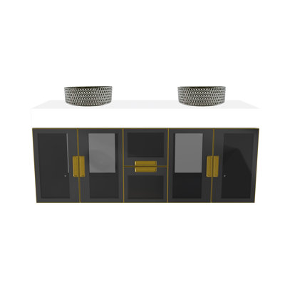 Meuble-lavabo mural moderne de luxe avec comptoir à surface solide de 30 po et vasque ronde en verre