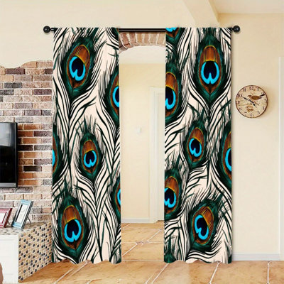 2Pcs rideaux en plumes de paon, motif vibrant, filtrage de la lumière de la poche, style luxueux et élégant, toutes saisons pour le salon, la chambre à coucher, la décoration de la fenêtre