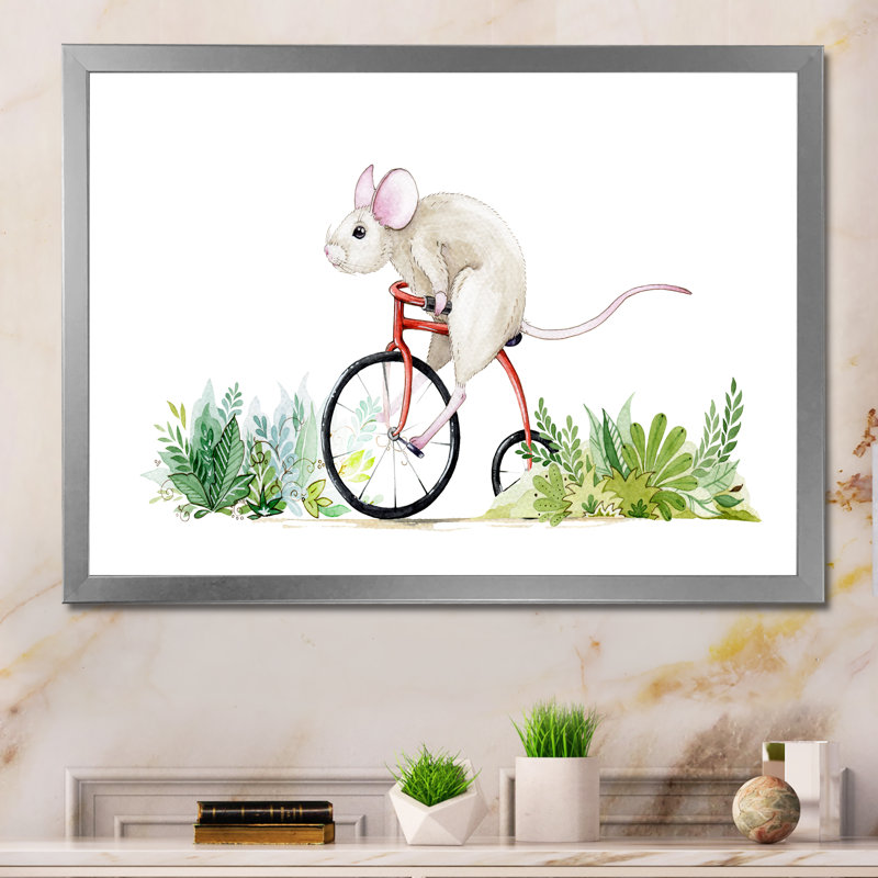 Mignonne petite souris chevauchant un motard II - impression sur toile tendue, H 8 po x l 12 po x P 1 po, Cadre photo argenté