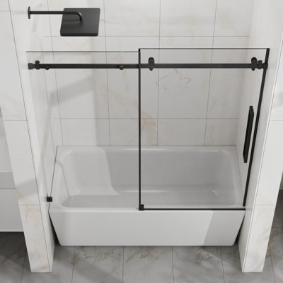 Porte de douche coulissante pour baignoire de salle de bain l 60 po x H 58 po, verre trempé de 6 mm avec revêtement facile à nettoyer, matériaux corrosifs, technologie anti-éclaboussures, verre transparent noir mat moderne, imperméable