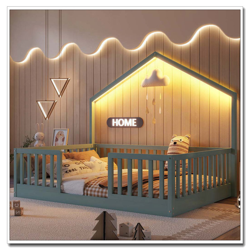 Lit sur pied avec rails hauts, lit Montessori en bois avec lumière, Complète, gris
