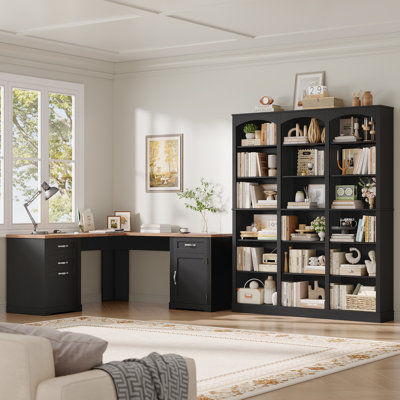 2-piece Home Office Set, 71.2" H X 63.4" W Standard Bookcase With Adjustable Shelves & 59.8"w Farmhouse L Shaped Executive Desk With Drawers