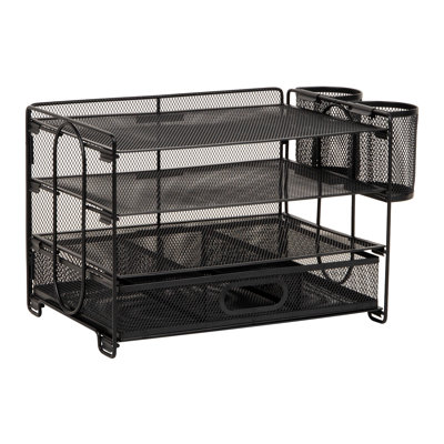  Mesh Desk Organizer, 3 Trays, 1 Drawer, 2 Pen Holders, Office Desktop Organizer, Metal Mesh, Black