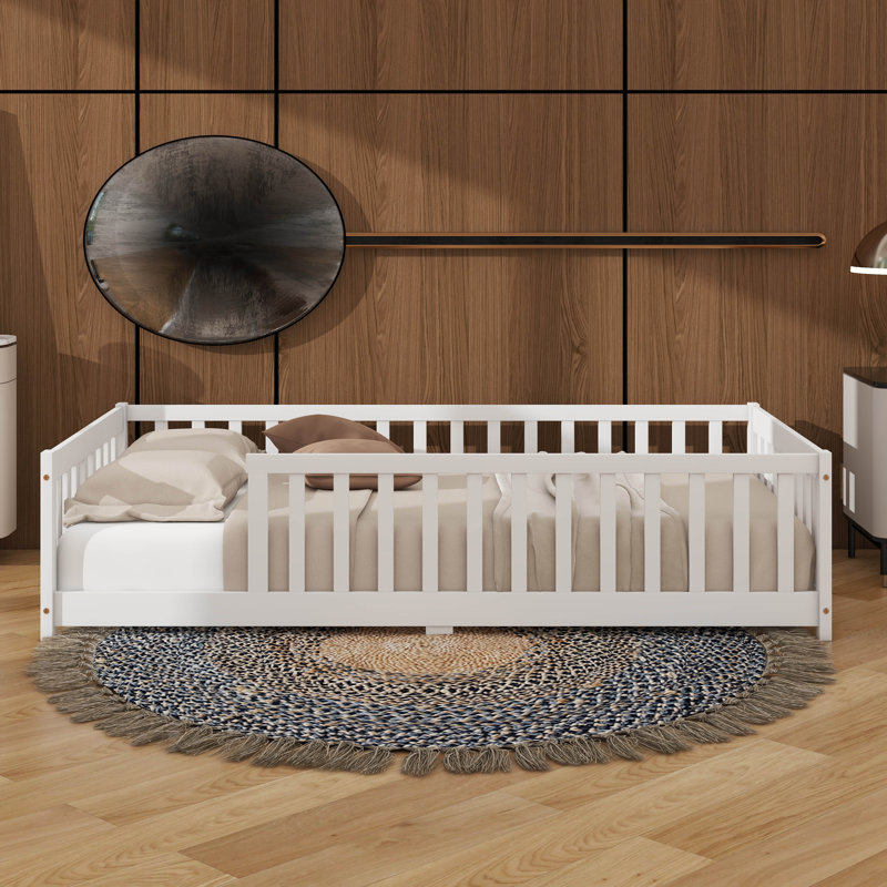 Low-To-The-Ground Twin-Size Floor Bed With Fence No Door Included, White
