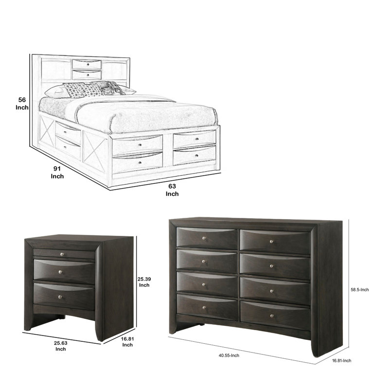 Ensemble de chambre pour grand lit, finition grise, lit avec tiroirs, ensemble de 4 pièces avec lit, 2 tables de chevet et commode