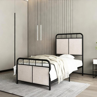 Twin Size Metal Platform Bed Frame Upholstered In Linen, Fabric Head And Foot Ends, Steel Construction, Quiet Function, Quick Assembly, No Box Spring Necessary, 250 Lbs Load Linen With Headboard ,