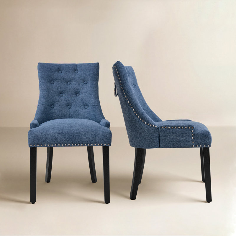 Linen Upholstered Tufted Dining Chairs with Solid Wood Legs Set of 2, Black, Blue