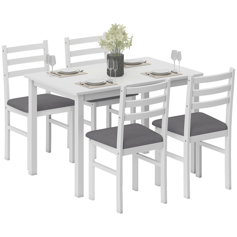 5-Piece Dining Table Set for 4, Farmhouse Kitchen Table Set with 4 Upholstered Padded Chairs, Solid Wood Legs and Backrest for Small Space, Dining Room, Breakfast Nook, White