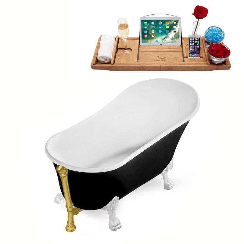 59" Streamline Clawfoot Soaking Acrylic Bathtub, Glossy White, Brushed Gold