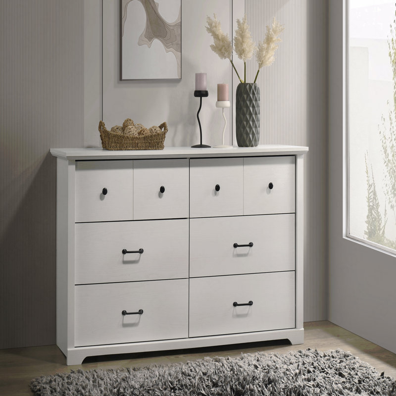 6-Drawer Dresser, 57"W  With Black Handles, White
