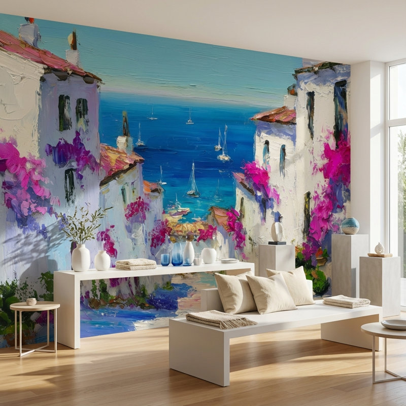Papier peint double bord de mer amovible méditerranéen Bougainvillea, Non-Woven Nonpasted, 160 po x 108 po