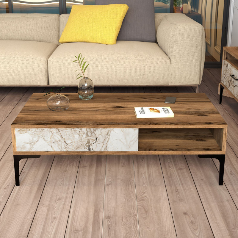 Table basse à 4 pieds avec rangement, Noyer / Blanc