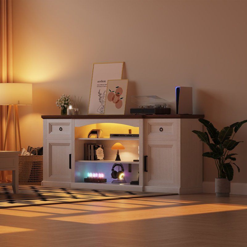 70" W Farmhouse Tv Stand For Tvs Up To 80", Large Media Console & Led Light And Charging Station, Modern Multimedia Storage Furniture With Cabinets, 2 Large Drawers & Adjustable Shelves, For Living Room, Bedroom
