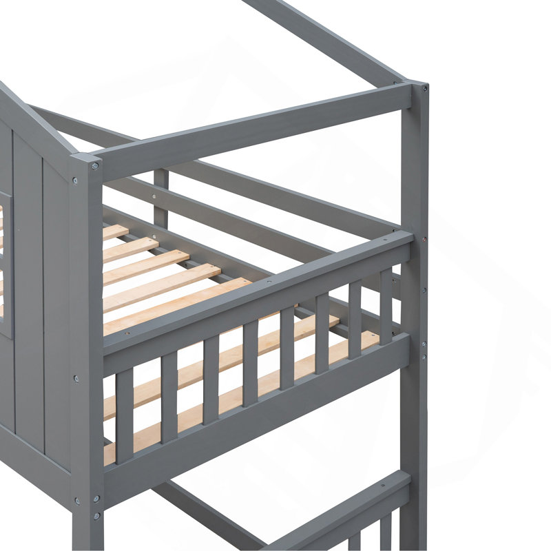 Lit superposé simple au dessus d'un lit simple avec échelle, lit en bois, Gris