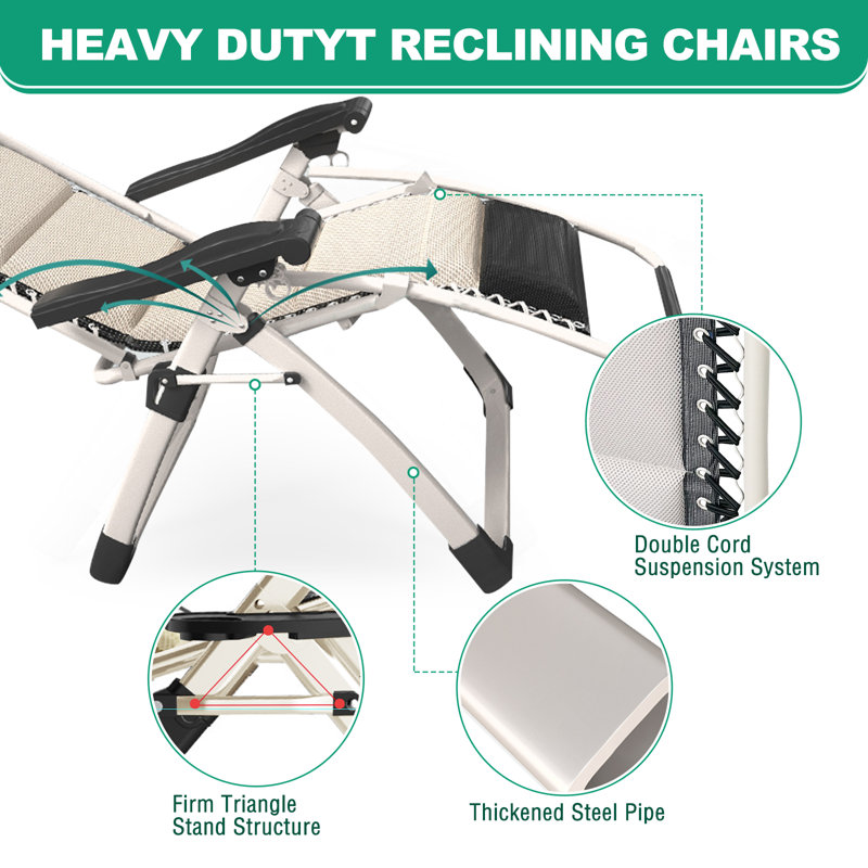 Fauteuil zéro gravité, fauteuil inclinable, fauteuil de patio inclinable, chaise pliante portative, appui-tête réglable, support 440 lb. (Coussin en coton non amovible)