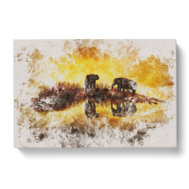 Elephants At Sunset Watercolour - Wrapped Canvas, 35cm H x 50cm W x 3cm D