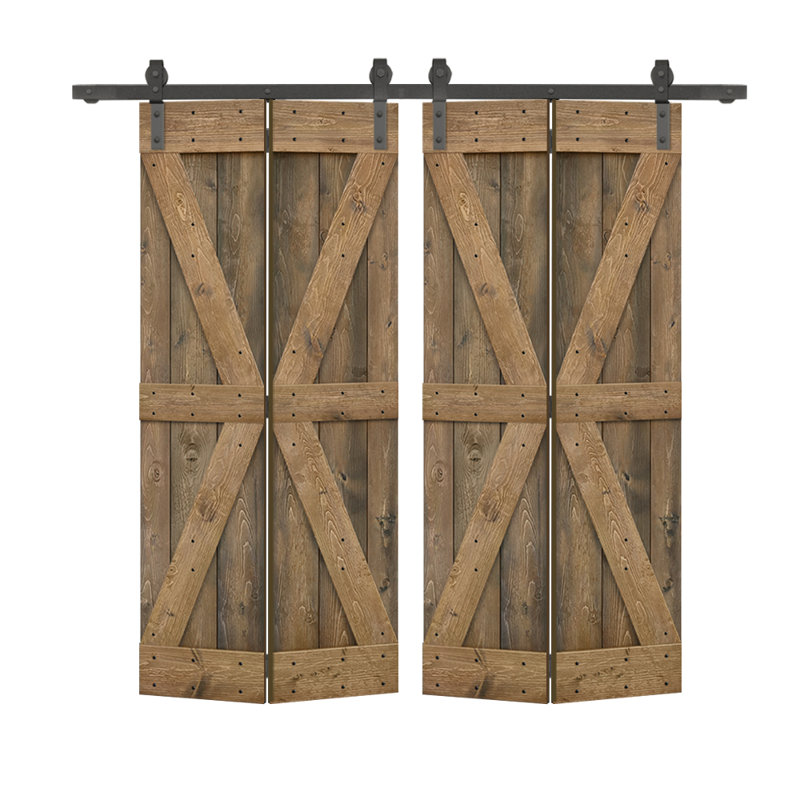 Porte de grange pliante en bois de pin avec quincaillerie coulissante, Noyer, 64 po x 84 po