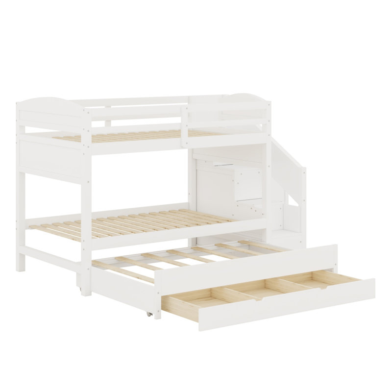 Lit superposé avec lit gigogne, trois tiroirs de rangement, escalier de rangement et garde-robe, Blanc
