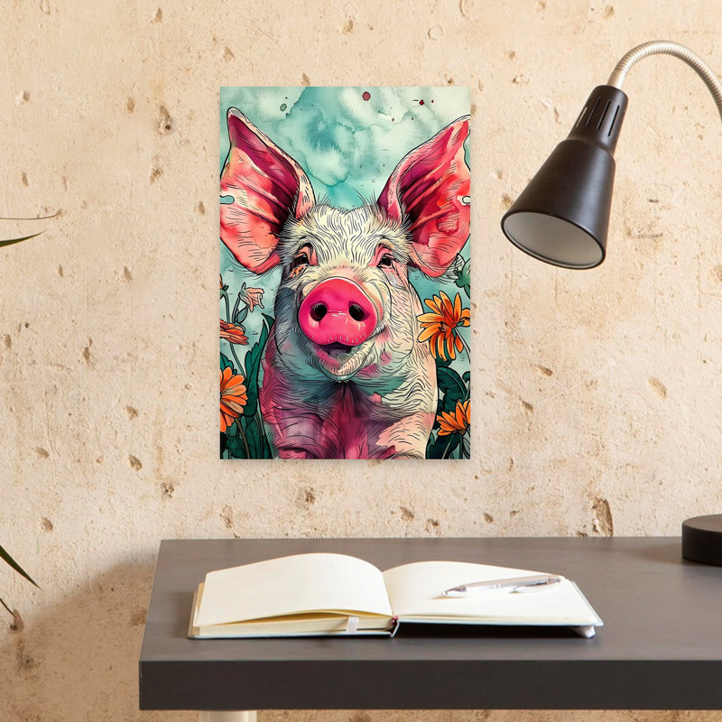 Art souriant, cochon souriant dans des fleurs, H 18 po x l 12 po